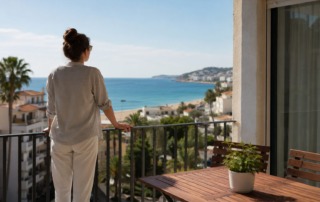 Mujer contemplando el mar desde el balcón de una vivienda de alquiler en una zona costera española durante el verano.