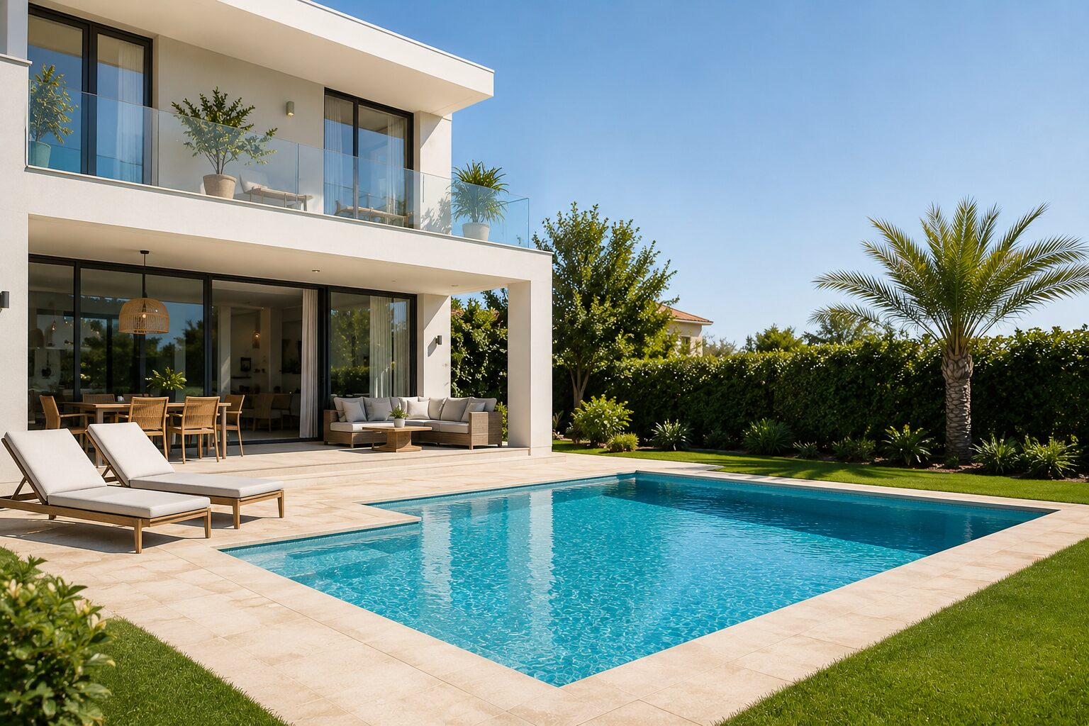 Casa moderna con piscina privada que ilustra cómo disponer de piscina puede aumentar el valor de una vivienda en España.