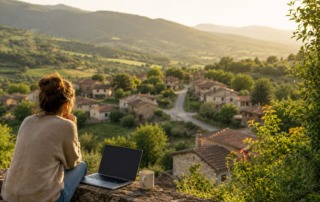 Mujer contempla un pueblo rodeado de naturaleza mientras teletrabaja, representando las condiciones necesarias para mudarse a la España Vaciada.