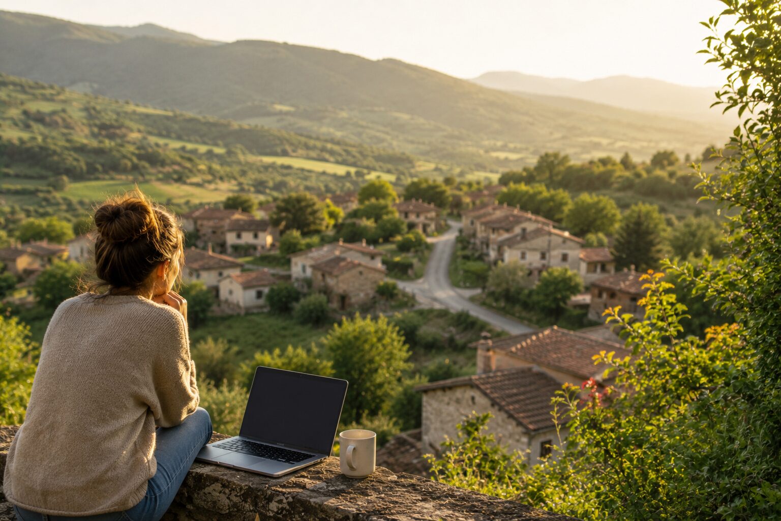 Mujer contempla un pueblo rodeado de naturaleza mientras teletrabaja, representando las condiciones necesarias para mudarse a la España Vaciada.