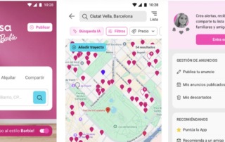 App de Fotocasa con diseño especial Barbie, búsqueda de viviendas en mapa de Barcelona y panel de gestión de anuncios inmobiliarios.
