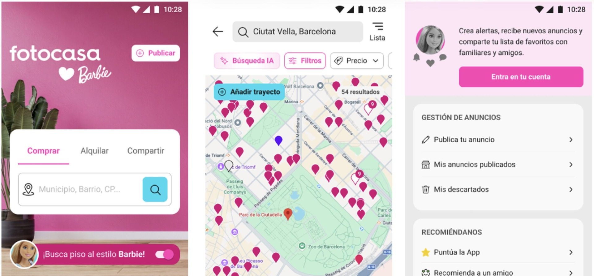 App de Fotocasa con diseño especial Barbie, búsqueda de viviendas en mapa de Barcelona y panel de gestión de anuncios inmobiliarios.