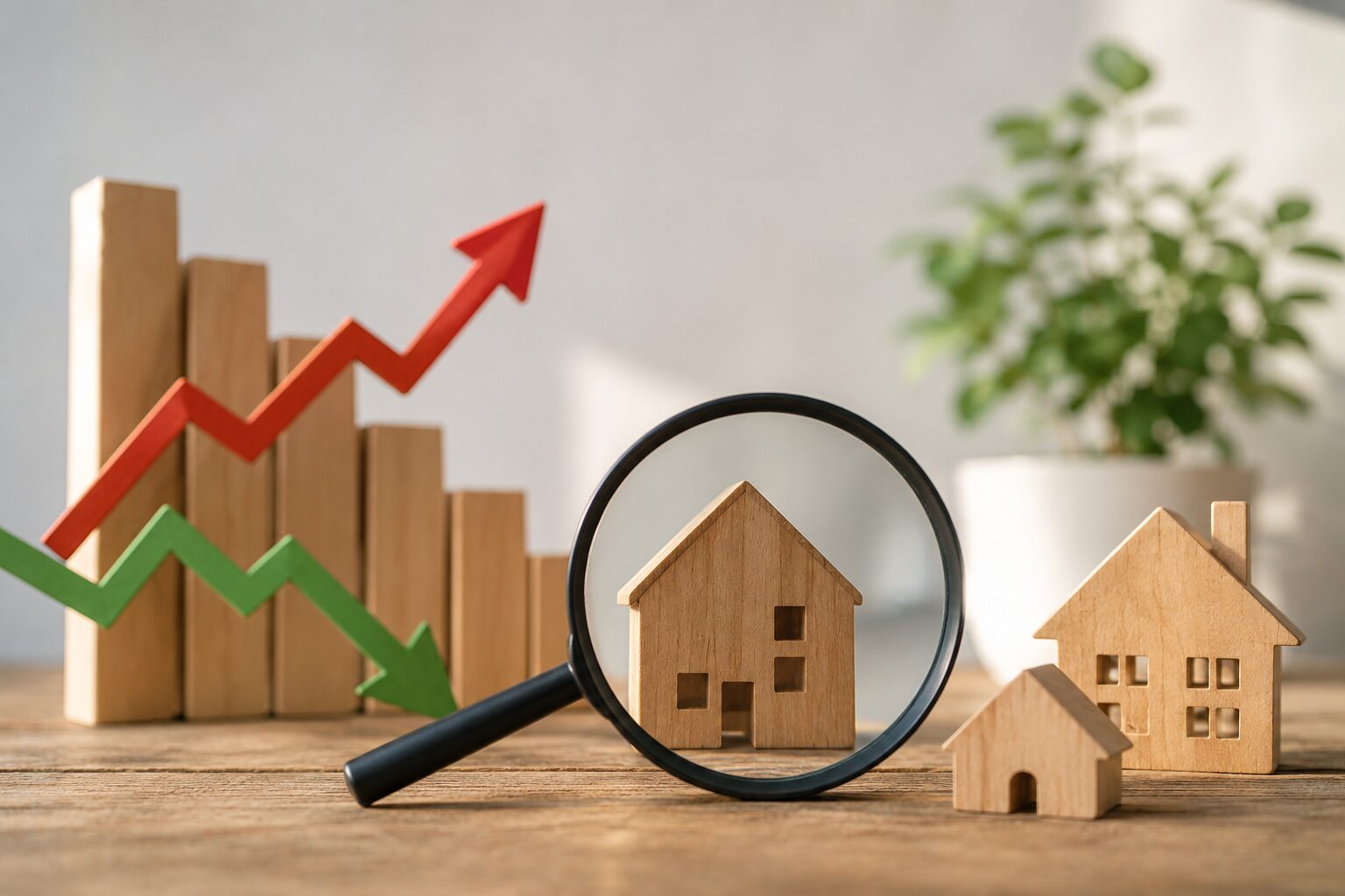 Ilustración conceptual del mercado del alquiler con casas de madera, lupa y flechas que representan la evolución prevista de los precios del alquiler en España durante el tercer trimestre de 2026.