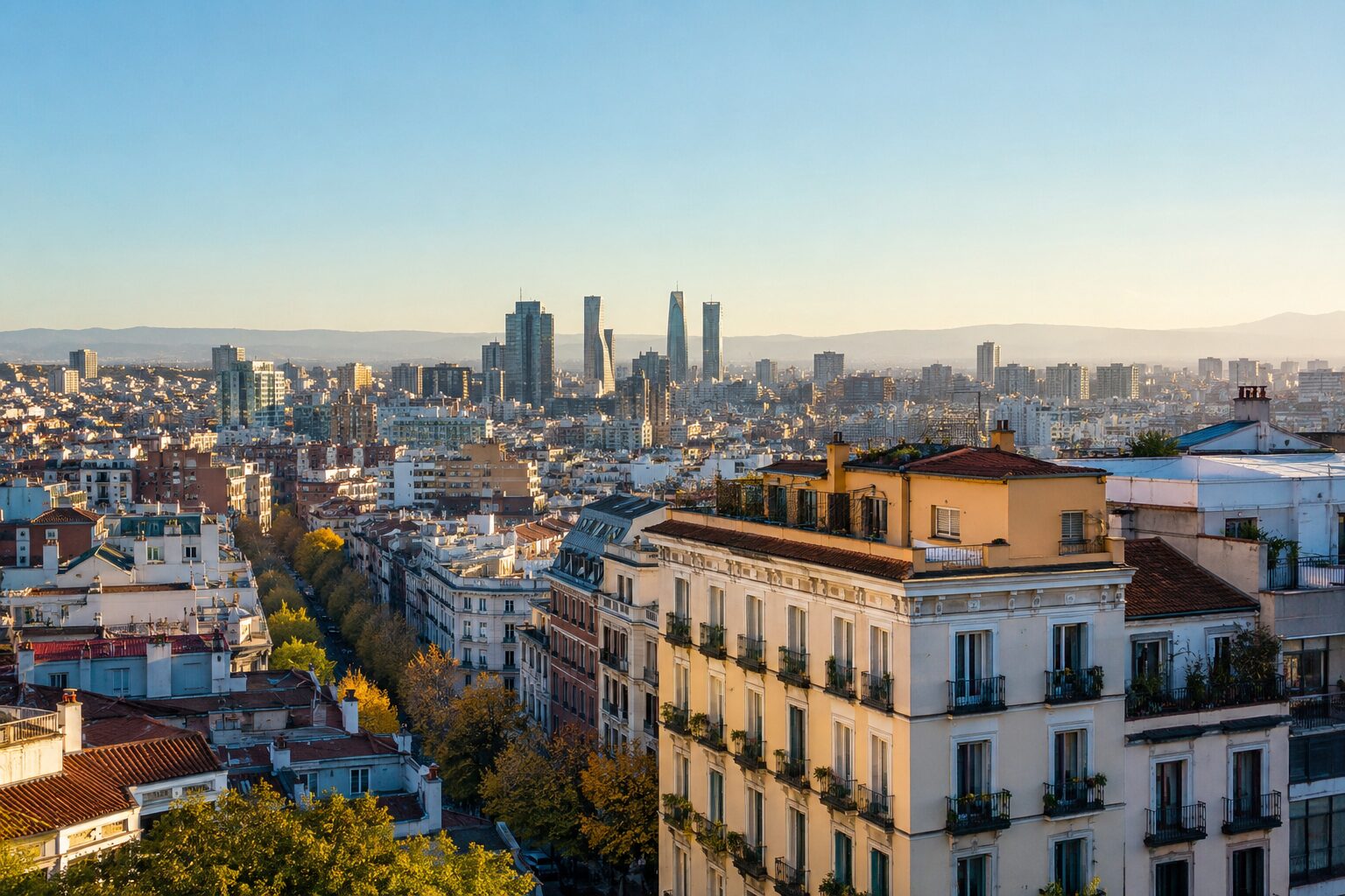 Vista panorámica de una ciudad española con edificios residenciales y rascacielos, imagen que ilustra la evolución del precio de la vivienda y las previsiones del Índice Predictivo de compraventa de Fotocasa.