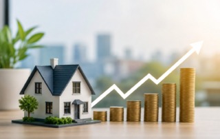 Maqueta de una vivienda junto a un gráfico ascendente y pilas de monedas que representan la previsión de subida del precio de la vivienda en compraventa según el Índice Predictivo de Fotocasa.