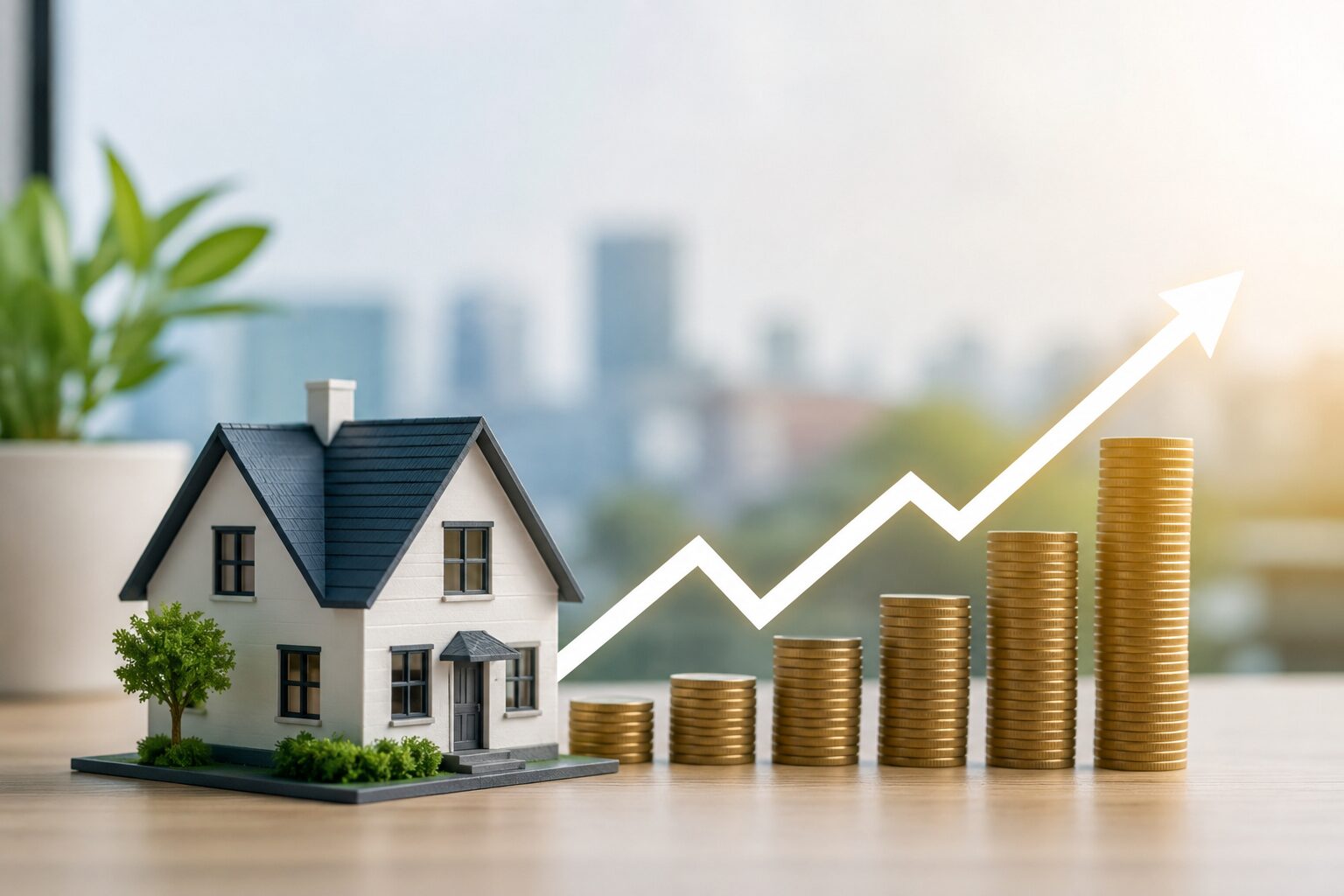 Maqueta de una vivienda junto a un gráfico ascendente y pilas de monedas que representan la previsión de subida del precio de la vivienda en compraventa según el Índice Predictivo de Fotocasa.