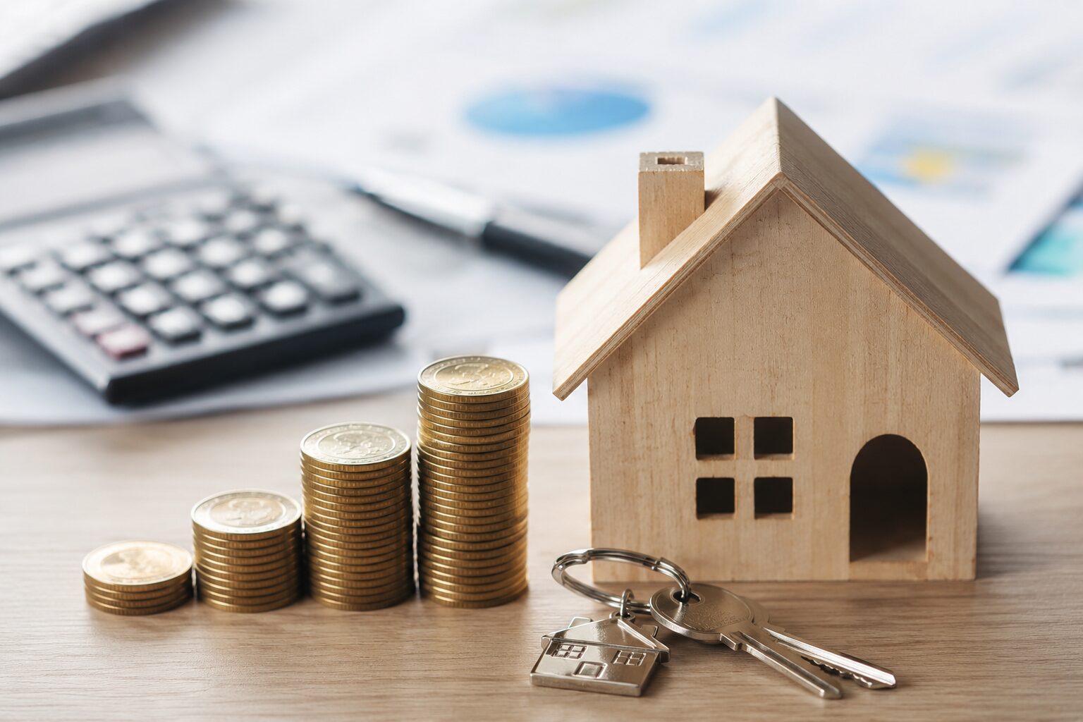 Casa de madera con llaves y monedas que representa que pagar una hipoteca resulta más rentable que alquilar una vivienda en España en 2026.