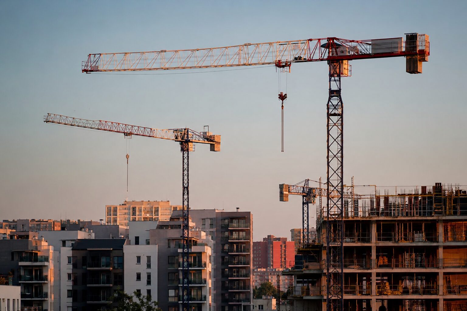 Grúas de construcción junto a edificios residenciales de obra nueva que representan la escasez de vivienda, el crecimiento urbanístico y la situación del mercado inmobiliario en España.