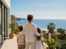 Mujer con dos hijos contemplando el mar desde la terraza de una segunda residencia, representando el nuevo perfil de comprador de vivienda vacacional en España.