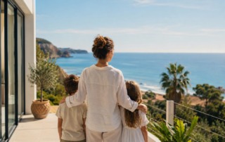 Mujer con dos hijos contemplando el mar desde la terraza de una segunda residencia, representando el nuevo perfil de comprador de vivienda vacacional en España.