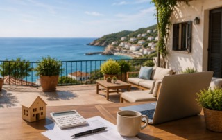 Mesa con calculadora, portátil y maqueta de una casa frente al mar, representando el cálculo de rentabilidad de una segunda residencia vacacional.