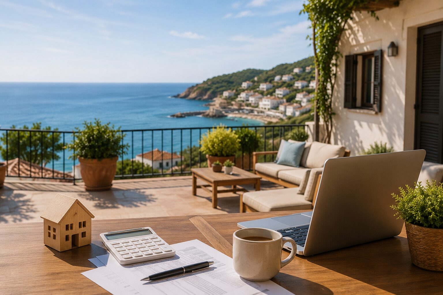 Mesa con calculadora, portátil y maqueta de una casa frente al mar, representando el cálculo de rentabilidad de una segunda residencia vacacional.