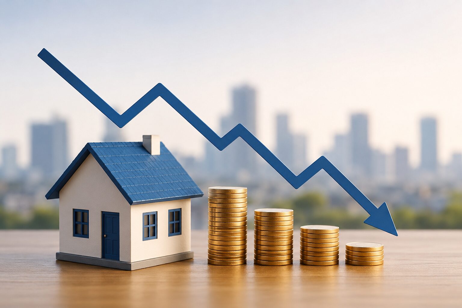 Rentabilidad de la vivienda en España en 2026 con casa en miniatura, monedas y gráfico descendente que representa la caída del rendimiento inmobiliario.
