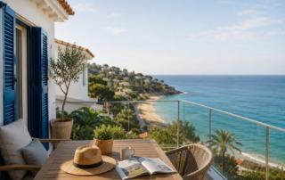 Terraza de una segunda residencia con vistas al mar, representando la compra de viviendas vacacionales en España.