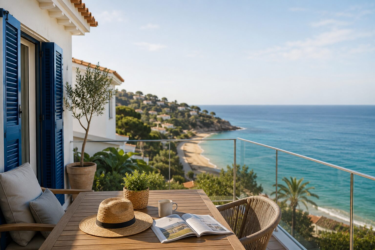 Terraza de una segunda residencia con vistas al mar, representando la compra de viviendas vacacionales en España.