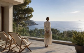 Mujer contemplando el mar desde la terraza de una segunda residencia con vistas panorámicas y mobiliario exterior en una vivienda vacacional.