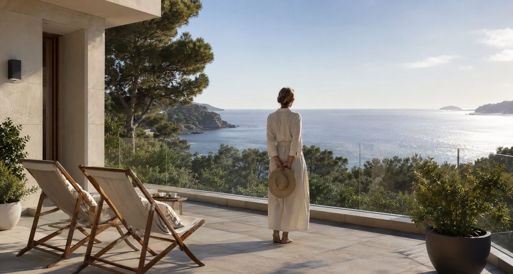 Mujer contemplando el mar desde la terraza de una segunda residencia con vistas panorámicas y mobiliario exterior en una vivienda vacacional.
