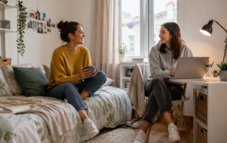 Dos jóvenes compartiendo una habitación de alquiler y conversando en una vivienda