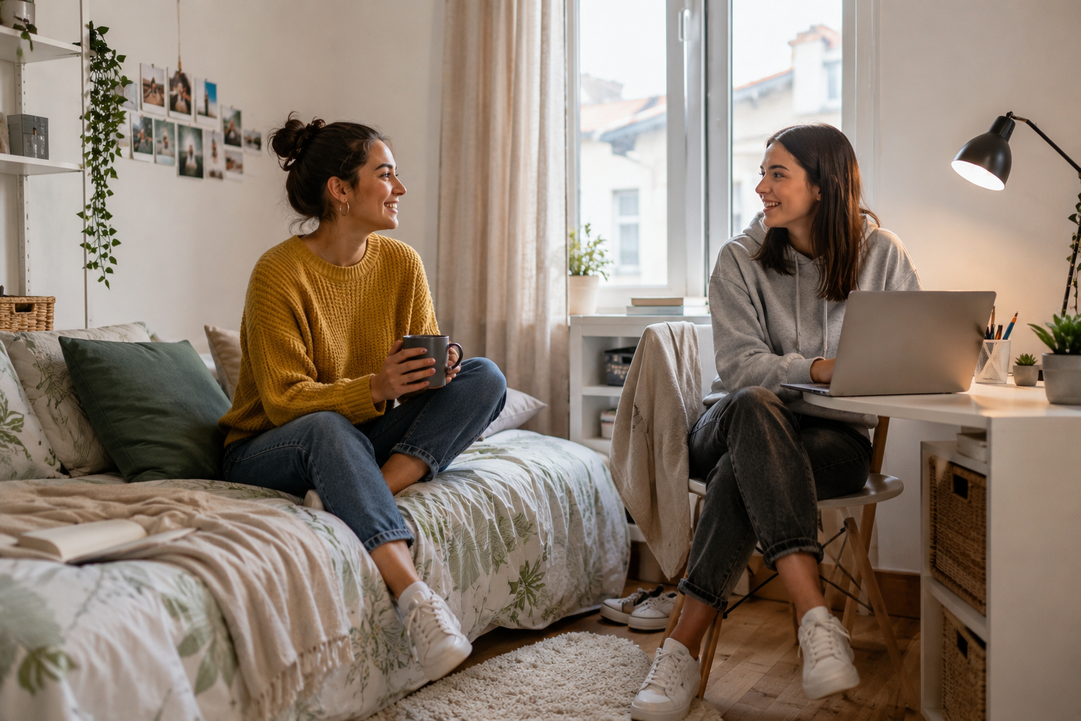 Dos jóvenes compartiendo una habitación de alquiler y conversando en una vivienda