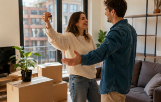 Pareja joven celebrando la compra de una vivienda con las llaves de su nuevo piso