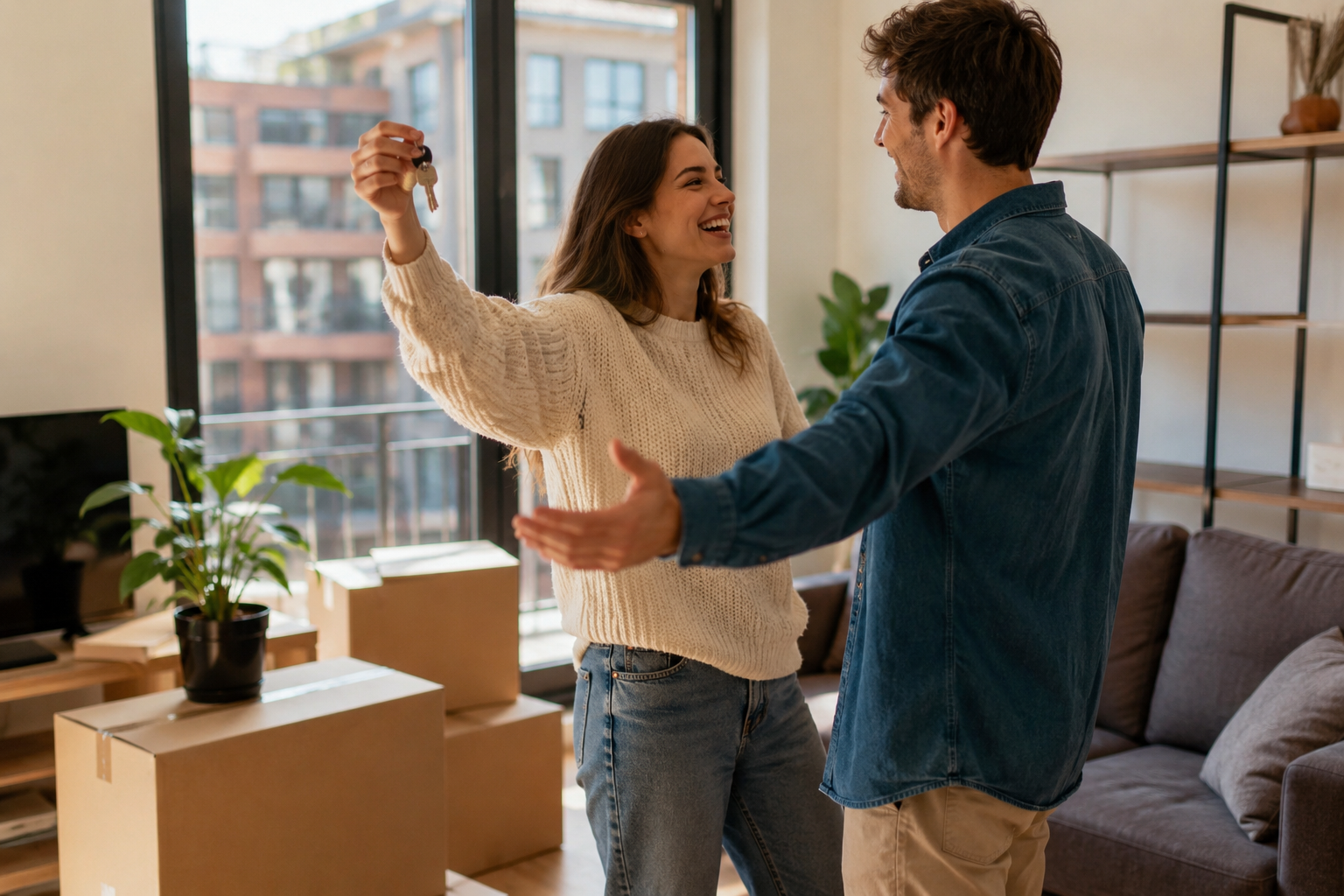 Pareja joven celebrando la compra de una vivienda con las llaves de su nuevo piso