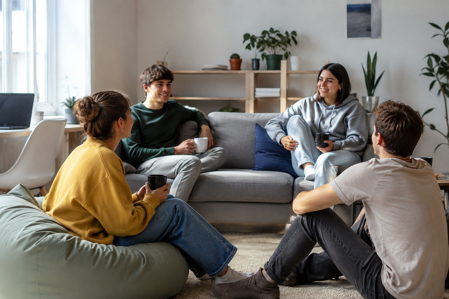 Jóvenes compartiendo piso y conversando en el salón de una vivienda