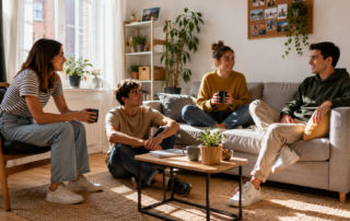 Jóvenes compartiendo piso y conversando juntos en el salón de una vivienda