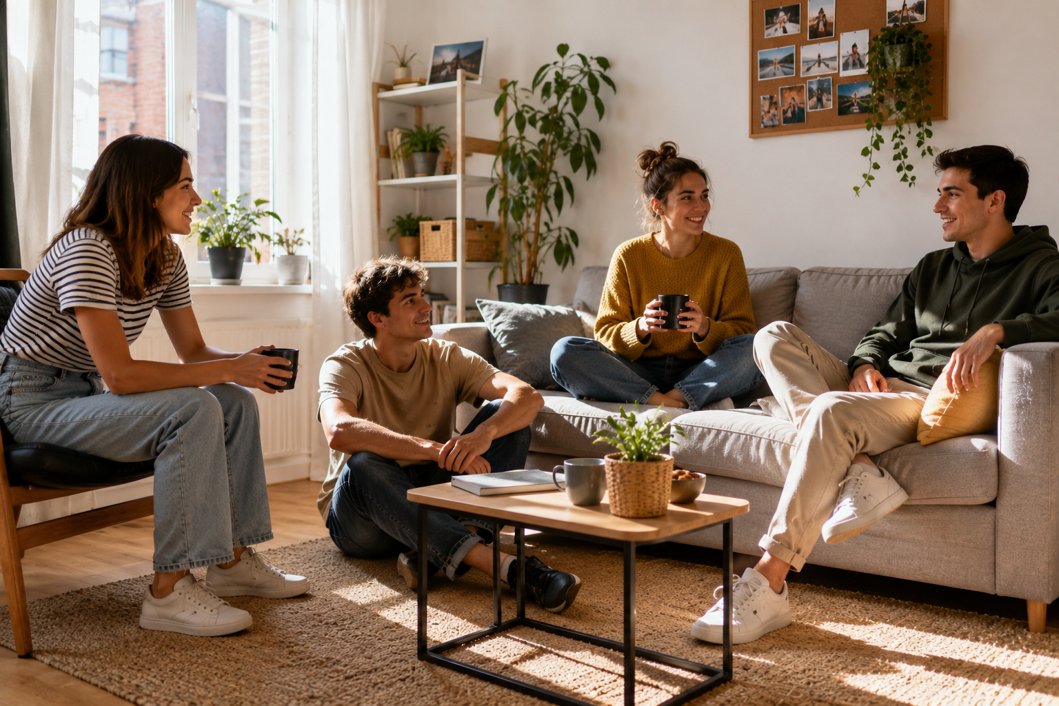 Jóvenes compartiendo piso y conversando juntos en el salón de una vivienda