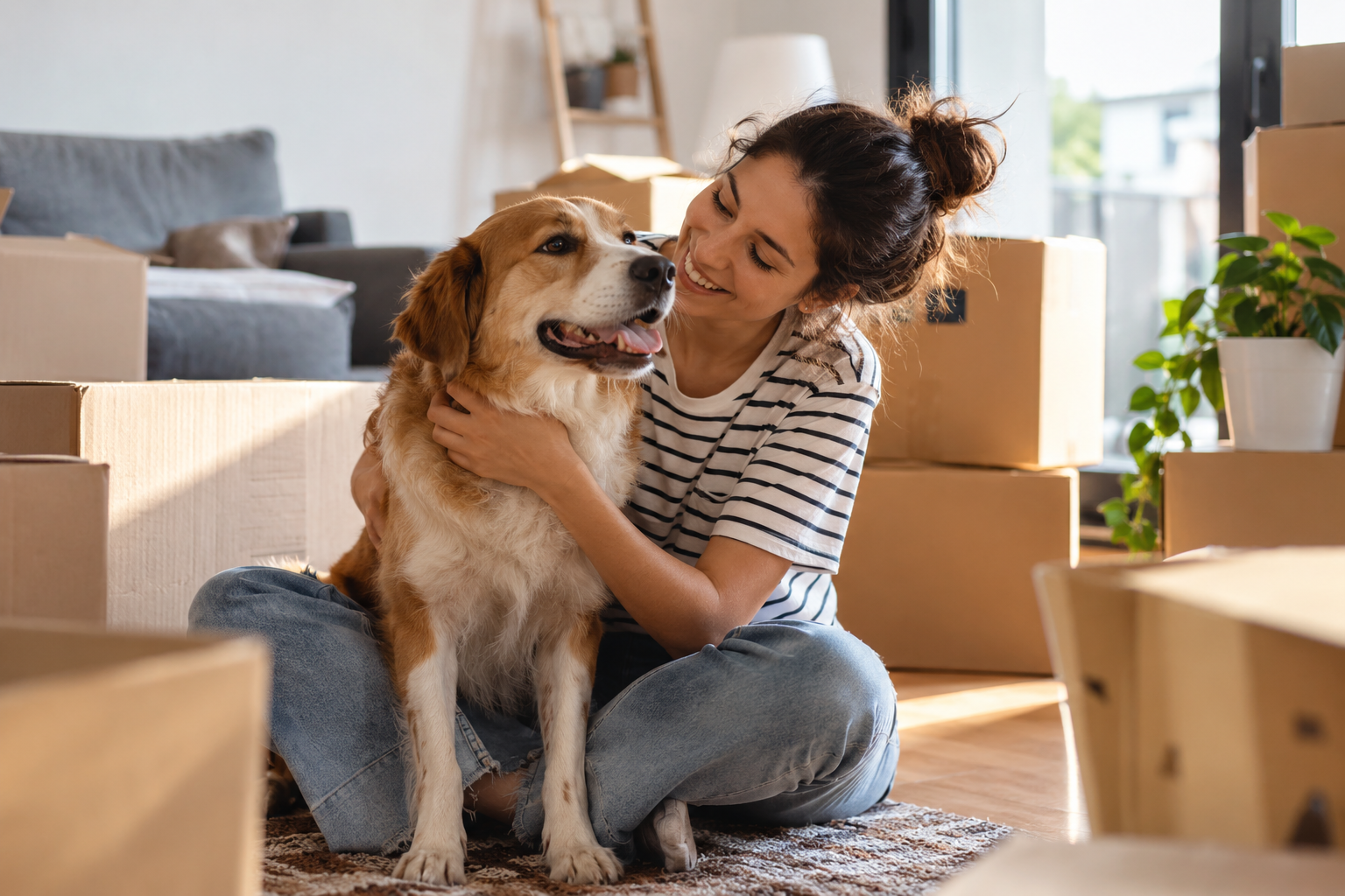 Mujer con su perro en una vivienda de alquiler rodeada de cajas de mudanza