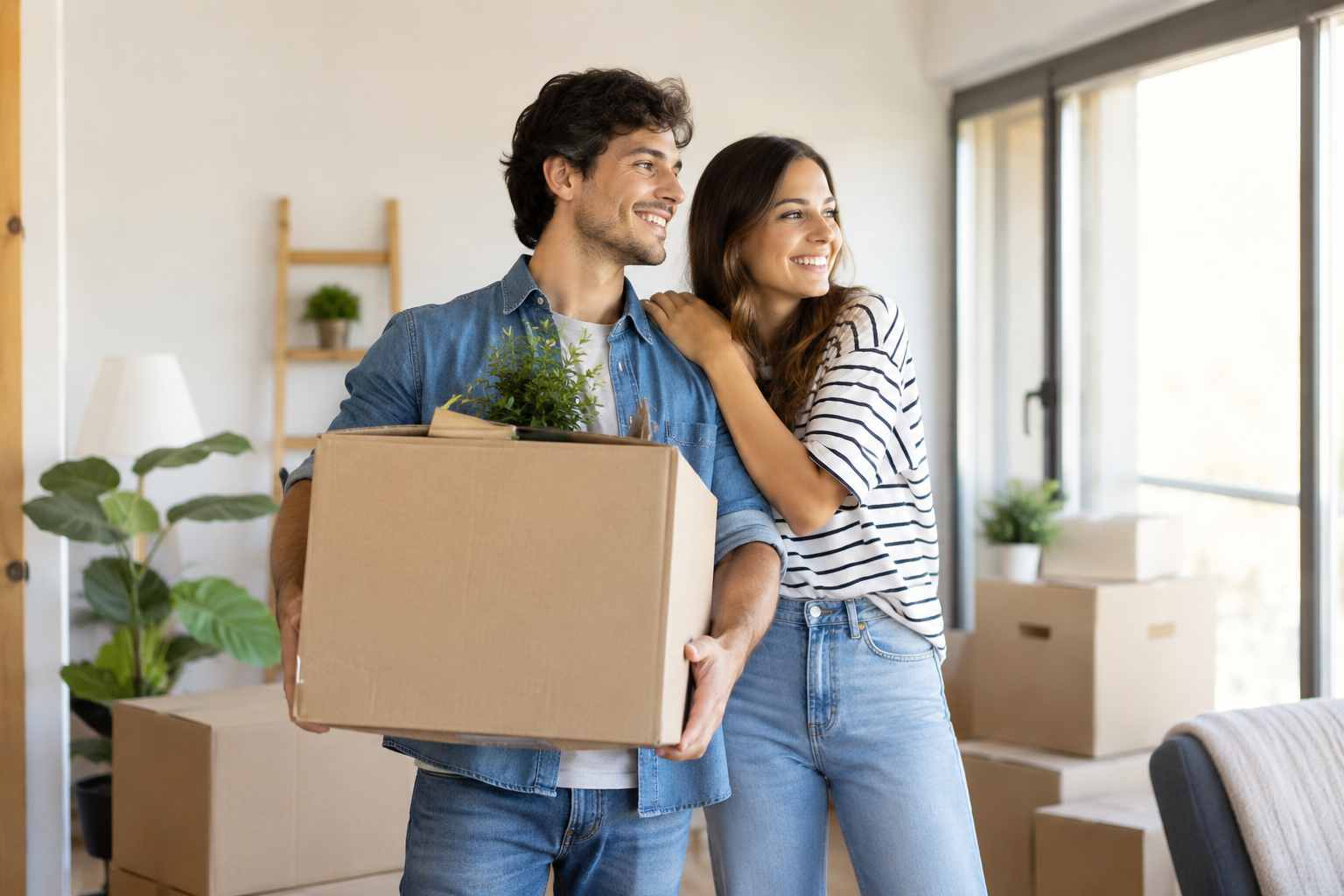 Pareja joven en su nueva vivienda durante una mudanza