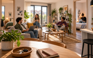 Vivienda compartida con varias habitaciones y jóvenes conviviendo en un piso luminoso