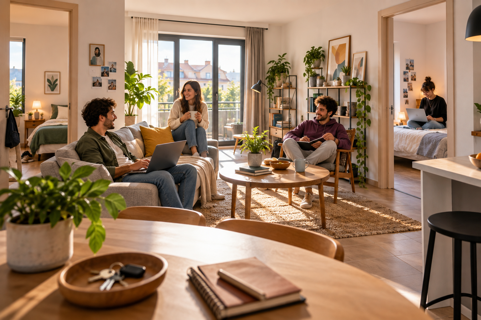 Vivienda compartida con varias habitaciones y jóvenes conviviendo en un piso luminoso