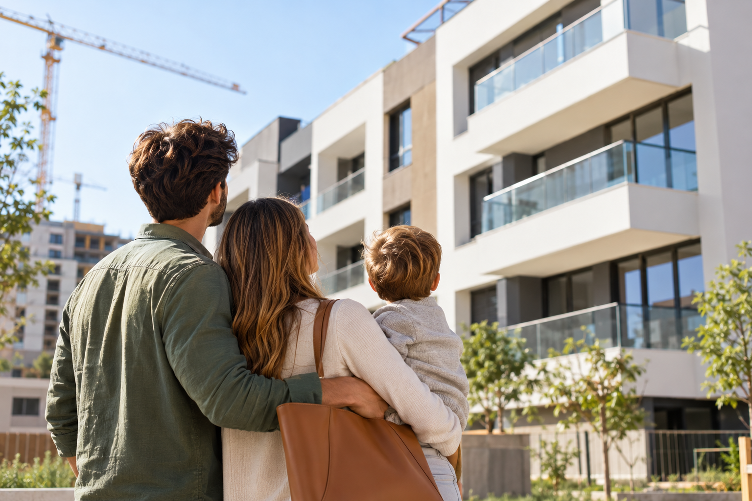 Comprador de obra nueva con su familia frente a una promoción de viviendas de nueva construcción.