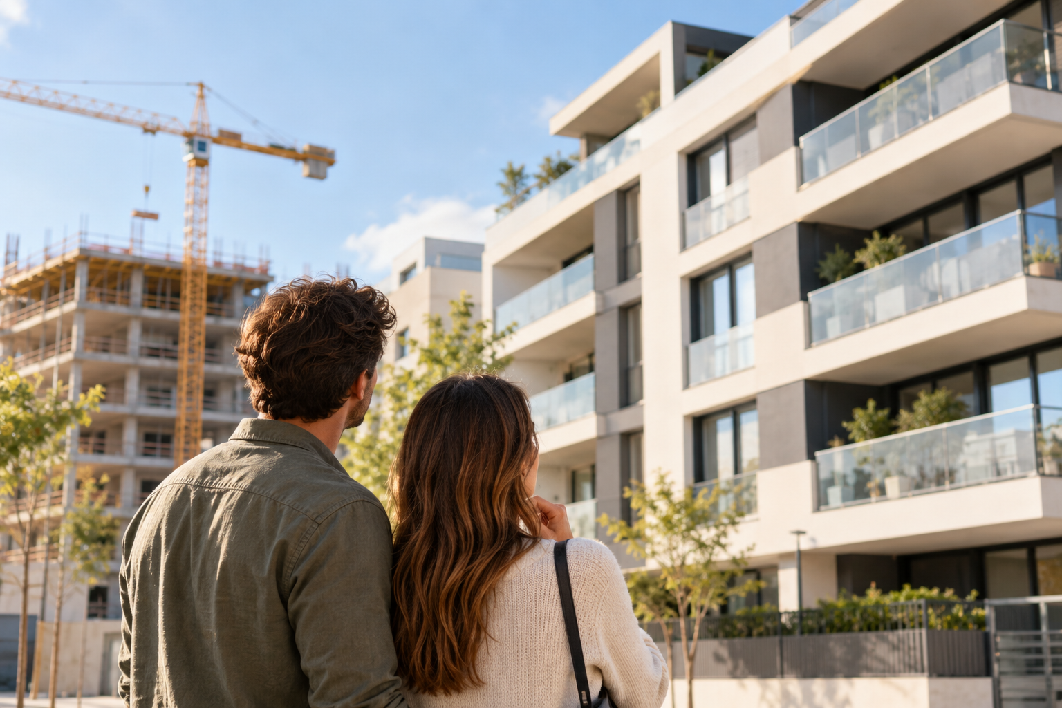 Pareja contempla una promoción de viviendas de obra nueva en construcción