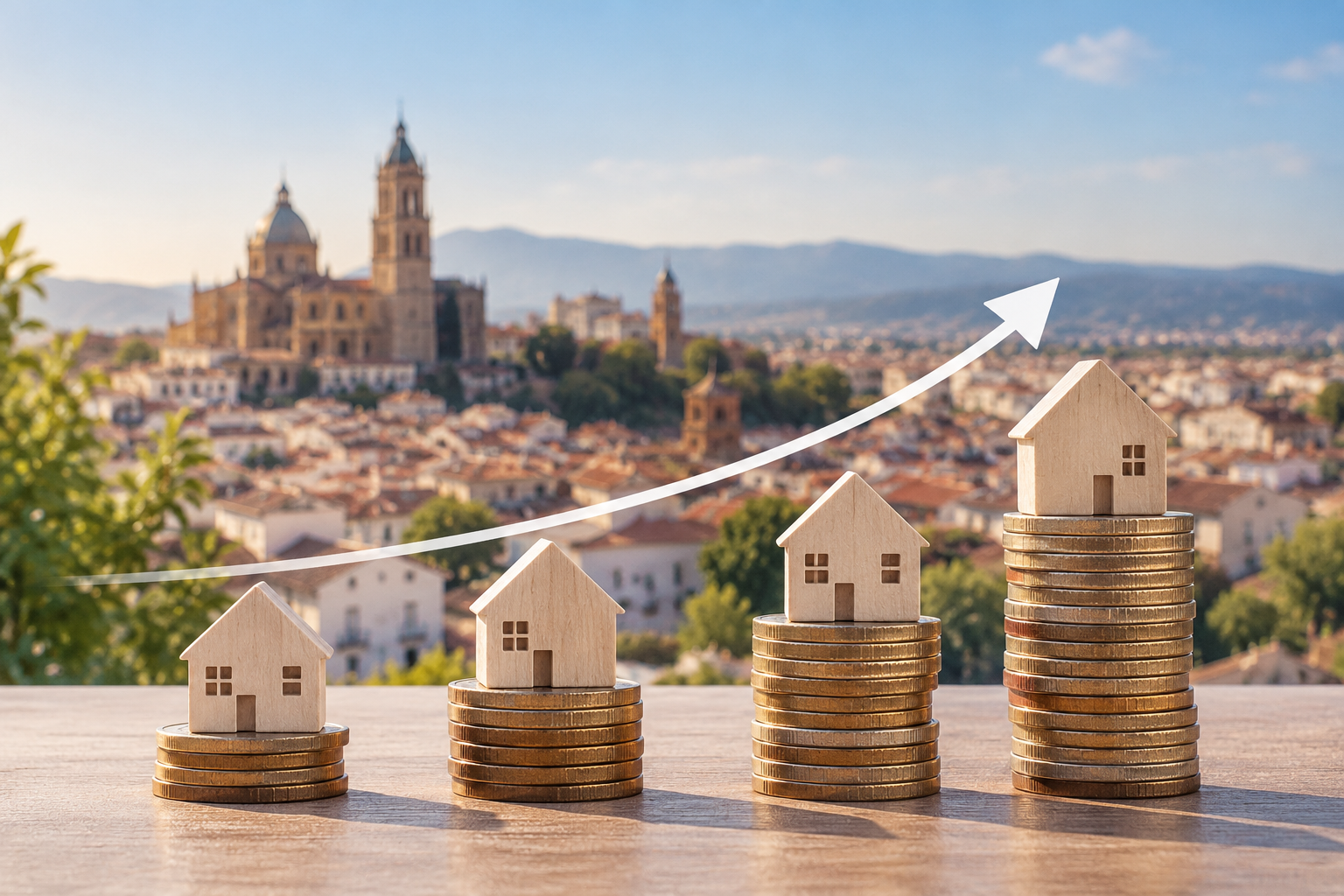 Casas de madera sobre pilas de monedas doradas de diferentes alturas con una flecha ascendente y una ciudad al fondo, que representan el aumento del precio de la vivienda.