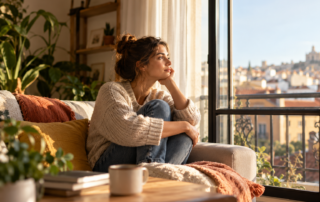 Mujer sentada en el sofá de su vivienda mientras contempla por la ventana