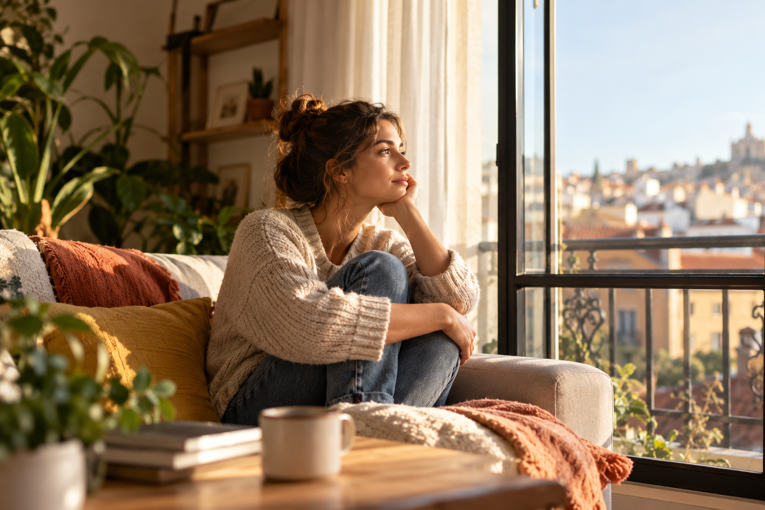 Mujer sentada en el sofá de su vivienda mientras contempla por la ventana